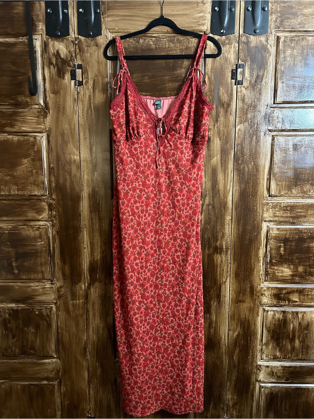 WILD FABLE Women’s Burgundy Floral Lace-Trim Maxi Dress Size XL Side Zip